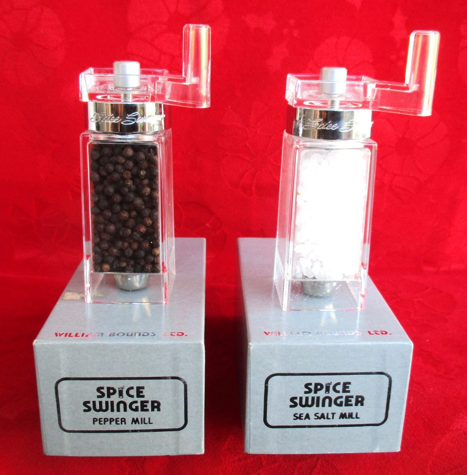 Set of William Bounds “Spice Swinger” Sea Salt Pepper Mill Grinders in Box * New