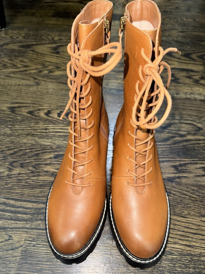 J-Crew leather boots Gwen lug-sole leather lace-up tall shaft boot size 7.5 oak - Изображение 3 из 4