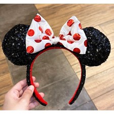 Disney Parks Black Sequin Minnie Mouse Ear Red White Polka Dot Bow Headband NWT