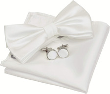 Mens Solid Color Double Fold Pre-tied Bow Tie and Pocket Square Cufflink Set wit