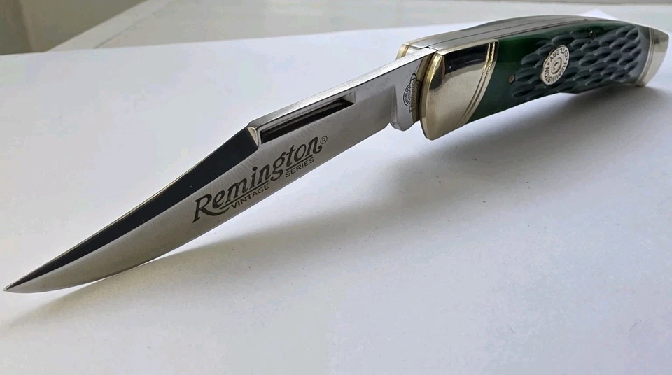Cuchillo Jack Remington Serie Vintage 2 Hojas Verde Jigged Hueso Mango Clip y Spey Foto 3 de 4