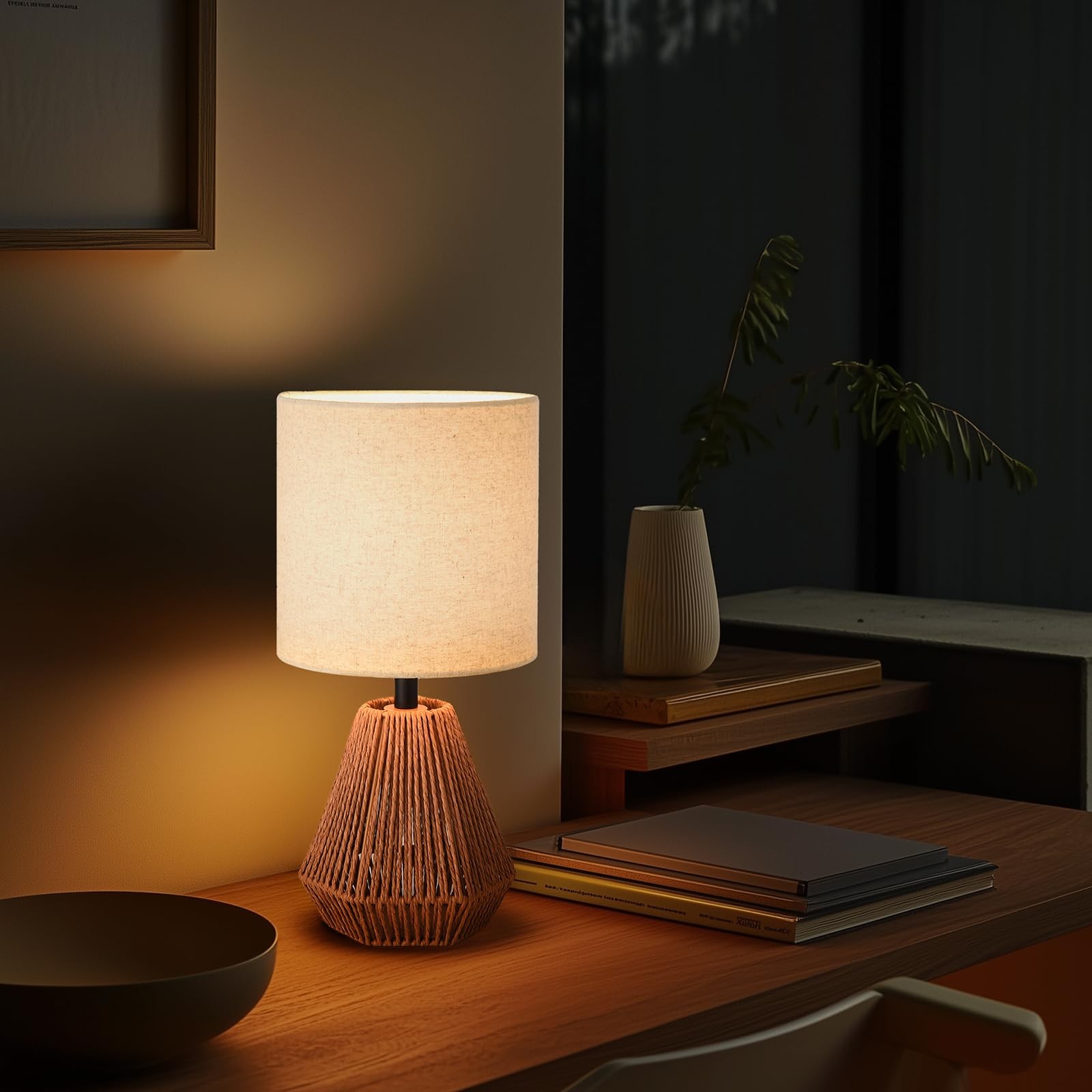 Boho Table Lamp with Linen Drum Shade, 14.17” Bedside Lamp with E26 Rattan Ba...