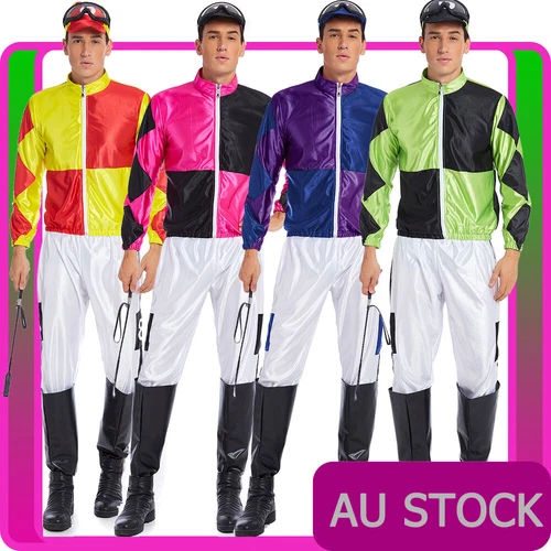 Mens Jockey Horse Costume Racing Rider Fancy Dress Sports Melbourne Cup Uniform