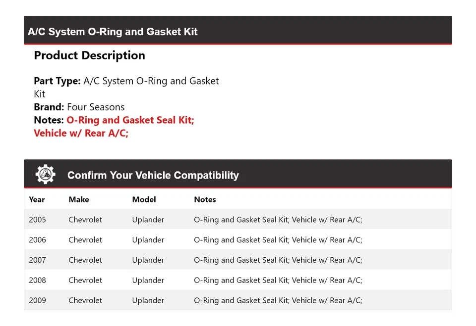 Kit de junta tórica y junta sistema de aire acondicionado Chevrolet Uplander 2005-2009 4 estaciones 2006 Foto 2 de 4