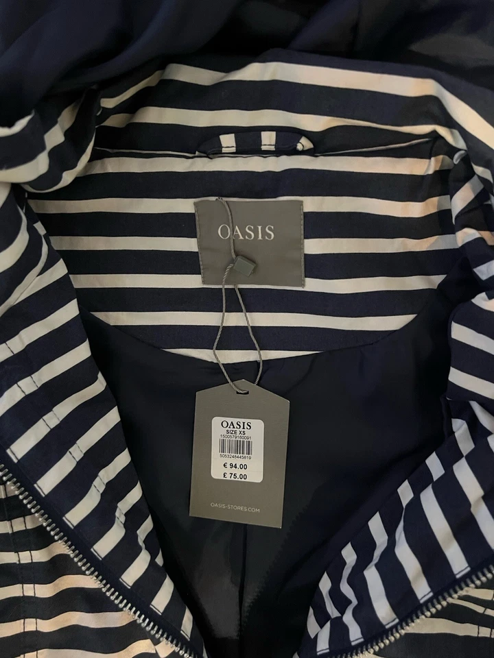 Chaqueta Parka Oasis Moda Mujer Azul Rayas con Capucha Cremallera Completa Talla XS Foto 3 de 3