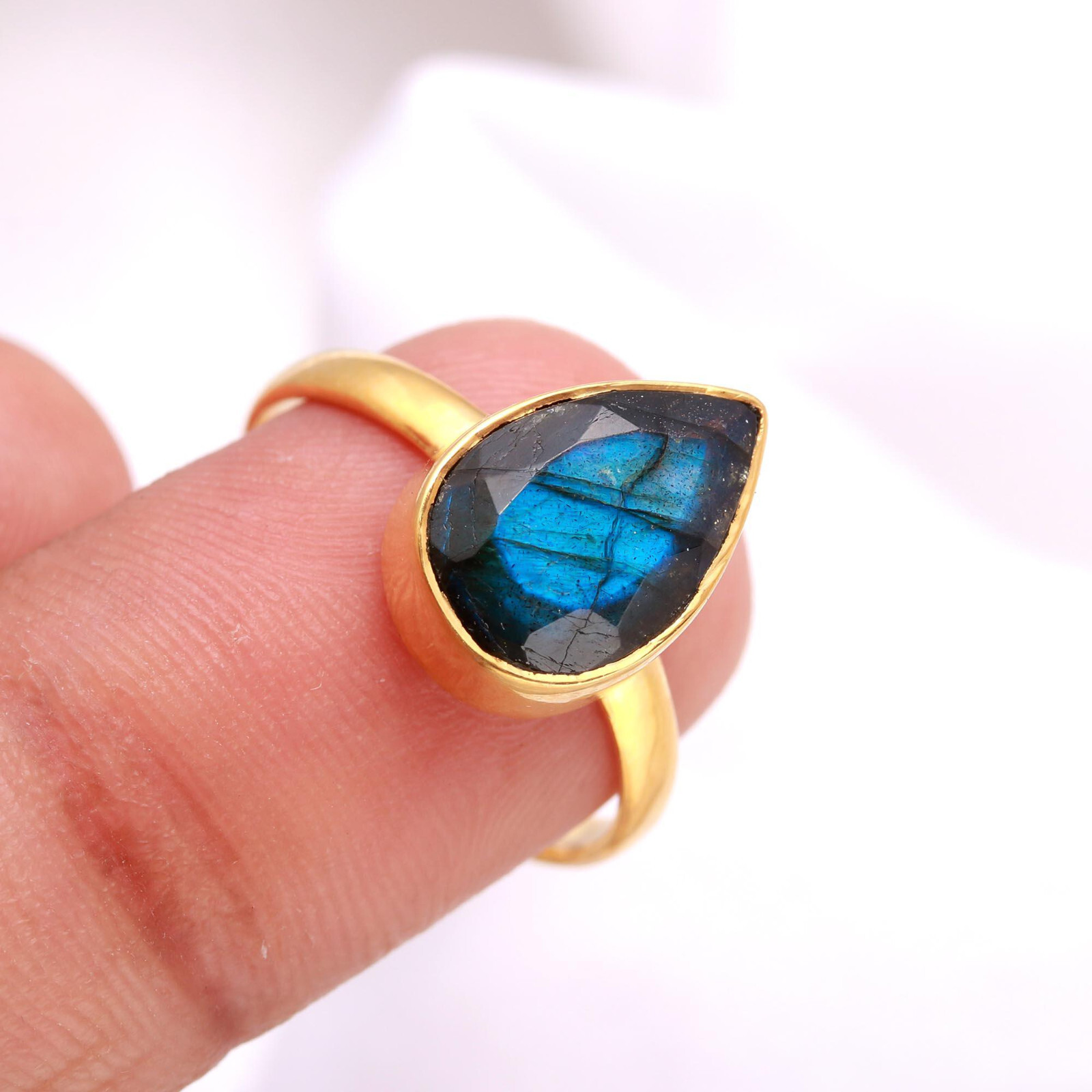 Labradorite Gold Plated 925 Sterling Silver Ring Custom Sizes  