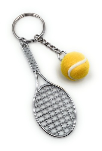 Silver Tennis Racquet with Dangle Ball Charm Lobster Clasp Clip Silver Tennis Racquet with Dangle Ball Charm Lobster Clasp Clip