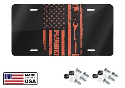 Plumber American Flag USA Plumbing Black Aluminum License Plate