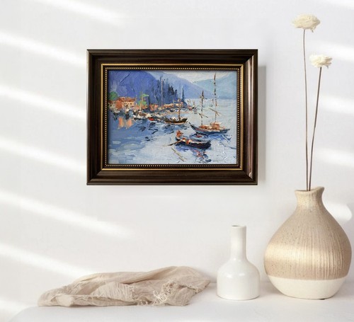 Landscape Harbor Serenity. Sunset. Yachts,sailing boats. ORIGINAL OIL PAINTING. - Picture 2 of 11