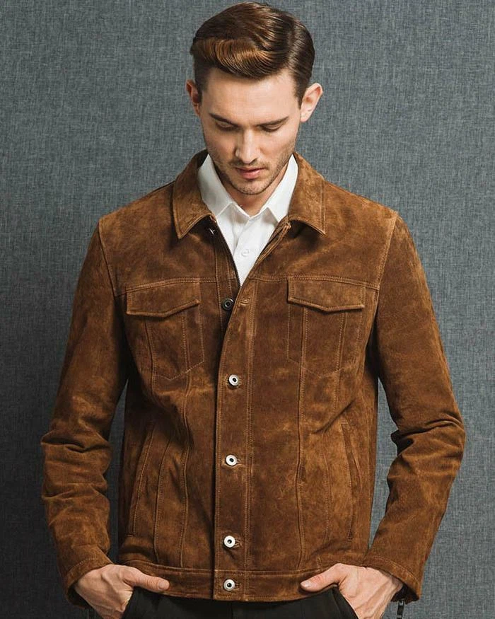 Leather Trucker Jacket for Men Brown Pure Suede Custom Made Size S M L XXL 3XL