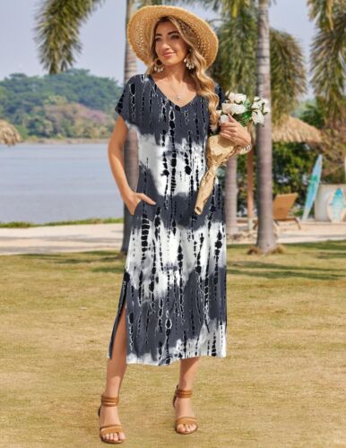Summer Floral V-Neck Maxi Dress Short Sleeve Casual Beach Dress with Pockets - Picture 95 of 109