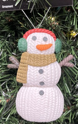 Earmuff Snowman Christmas Ornament 3.5'' Knit Look Clay Farmhouse Country Style