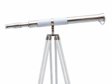 Nautical floor standing brass leather 39 inch telescope with wooden tripod stand