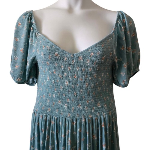 American Eagle Blue Green Floral Puff-Sleeve Boho Mini Dress Size XL Fairycore - Picture 5 of 10