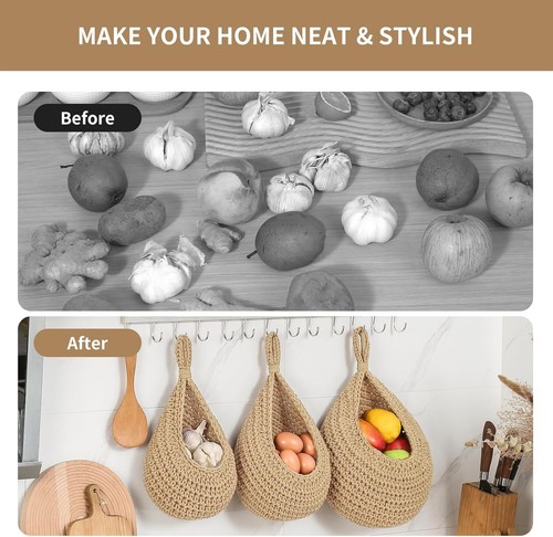 Wall Hanging Fruit Baskets Kitchen 3 Pack Woven Produce Holder 6 Pcs Strong Hook - Picture 5 of 6