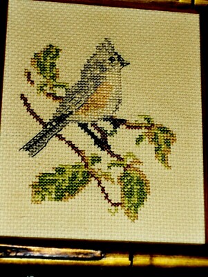 Great Gift Gray Yellow Bird Tree Crewel NEEDLEPOINT WOOL Handmade VINTAGE