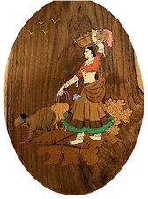 Wood Inlay Marquetry Folk Art Wall Hanging Daily Living Scene Busy Woman