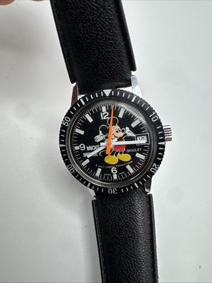 Bradley Disney Black Manual  Rare Mickey Mouse Skin Diver Watch RUNS 32mm Date