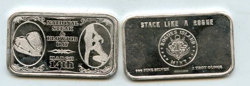 TWO!!!!National Steak & BJ Day March 14th Rogue's Island 1oz 999 FINE SILVER BAR