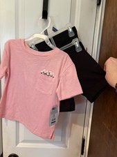 NWT Girls Size XS 4-5 Wonder Nation Pink Pocket Teeshirt And Two Pairs Shorts