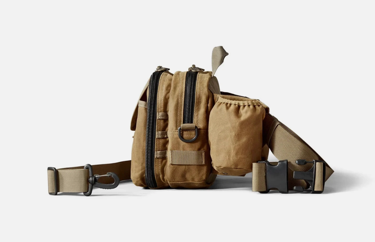 Filson Tin Cloth Fishing Pack Dark Tan Waxed Canvas Waist and