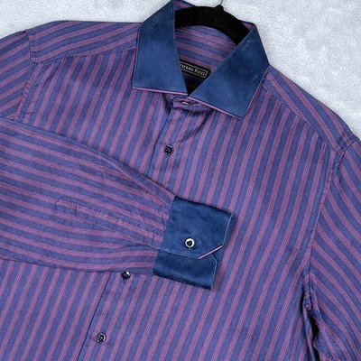 Stefano Ricci 100% Silk Dress Shirt Men Medium Blue Red Striped Contrast Collar