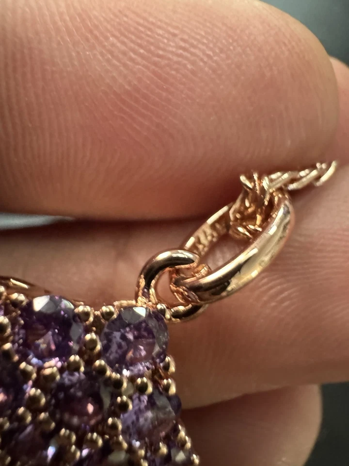 "Colgante cubo púrpura amatista racimo estampado 585 14K RG cadena de broche de collar de 19""" Foto 4 de 4