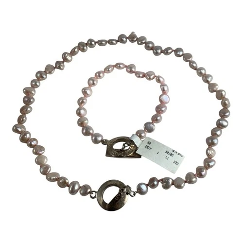 CAROLEE VTG Silver Tone Faux Pink Pearls Logo Necklace 15” & Bracelet 7” Y2K