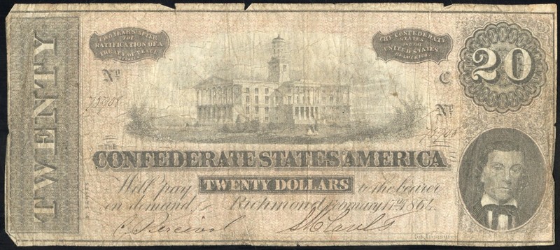 US Confederate Currency 1864 $20 Note Richmond Virginia Civil War Paper Money