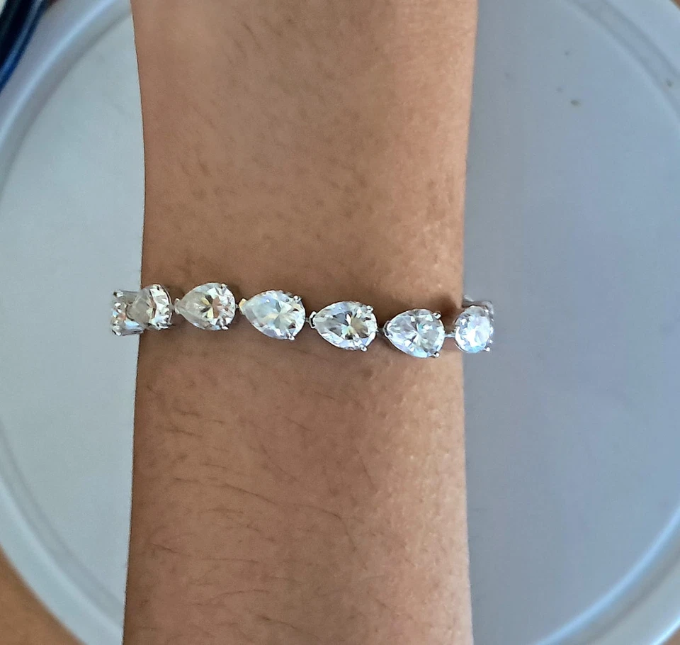 Pear 8x6 mm C.Z. Tennis Bracelet Platinum Over 925 Sterling Silver Size 6.5 Inch - Image 3 of 4