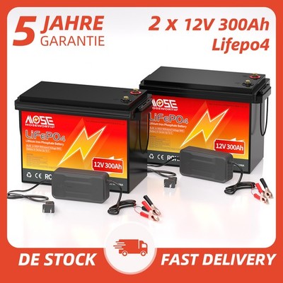 1/2Pack LiFePO4 12V 300Ah Lithium Batterie 200A BMS Wohnmobil RV+ 7A Ladegerät