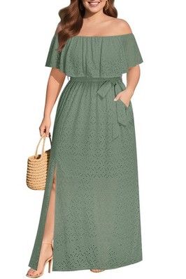 Pinup Fashion Women's Plus Size Summer Dresses Off Shoulder Wedding Green 24W