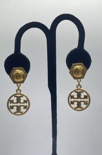 Tory Burch Gold Tone Hexagonal Logo Drop Earrings 17.7g