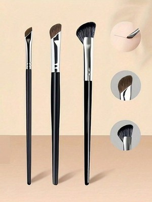 3pcs Black Nose Contour Highlighter Brushes Set Angled Fan Ultra Thin