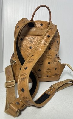 MCM Visetos Side Studs Small Backpack Camel Brown Leather Logo 