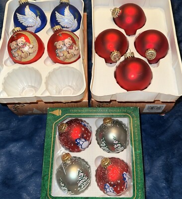 Lot of 13 Krebs Glass Christmas Ornaments Snowmen Doves Teddy Bears
