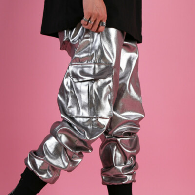 lig. eco leather pants / silver 美品 Mens Faux Leather Trousers Metallic Shiny Loose Cargo Pants