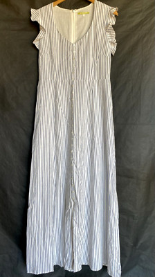 GIANNI BINI Size 10 Blue White Striped Button Accented Cotton Lined Maxi Dress