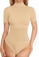 Tummy Control Thong Shapewear Bodysuit for Women Short Sleeve Turtleneck Large