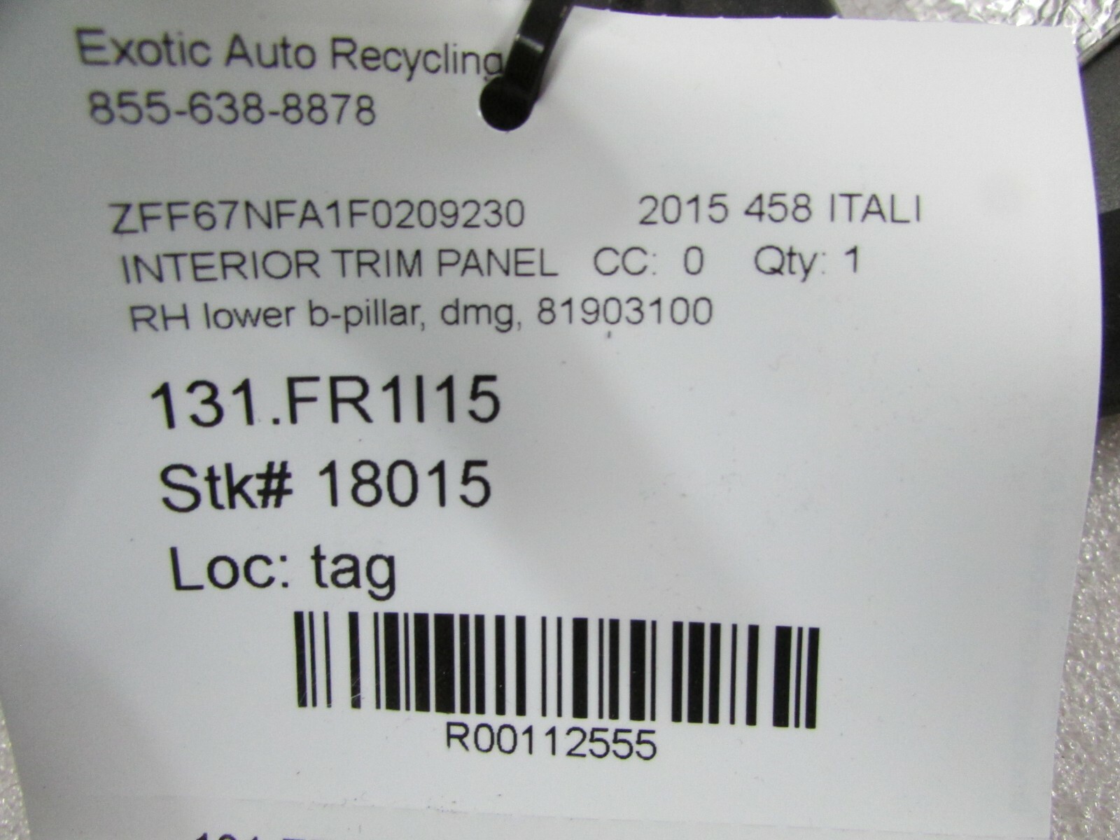 Ferrari 458 Italia, Right Lower B-Pillar Trim Panel, Damaged, Used, P/N 81903100