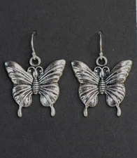 Butterfly Charm Earrings 925 Sterling Silver hooks pewter charms 1 1/4" Insect