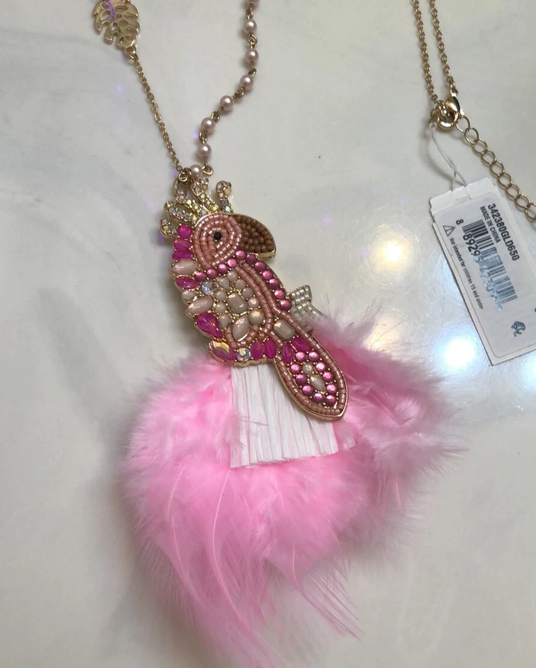 Betsey Johnson Gold Tone Long Necklace Parrot Pendant Feather, Raffia & Crystal - Image 2 of 4