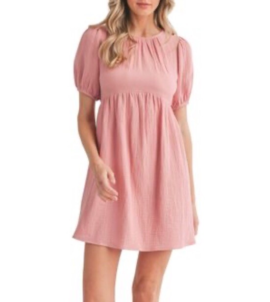 LUSH Pink Gauze Mini Babydoll Dress Puff Sleeve Open Back 100% Cotton Women  L