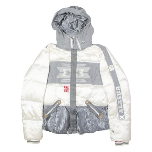 Bogner Alaska Damen Skijacke weiß Satin Kapuze Colourblock UK 12