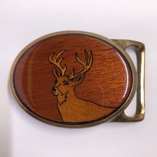 Solid Brass Wood Inlay Deer Buck Belt Buckle Vintage