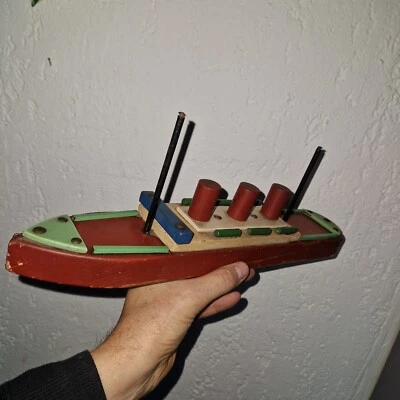jouet à tirer 1950 grand PAQUEBOT EN BOIS sur roulettes en perle dejou cij - Photo 1/4