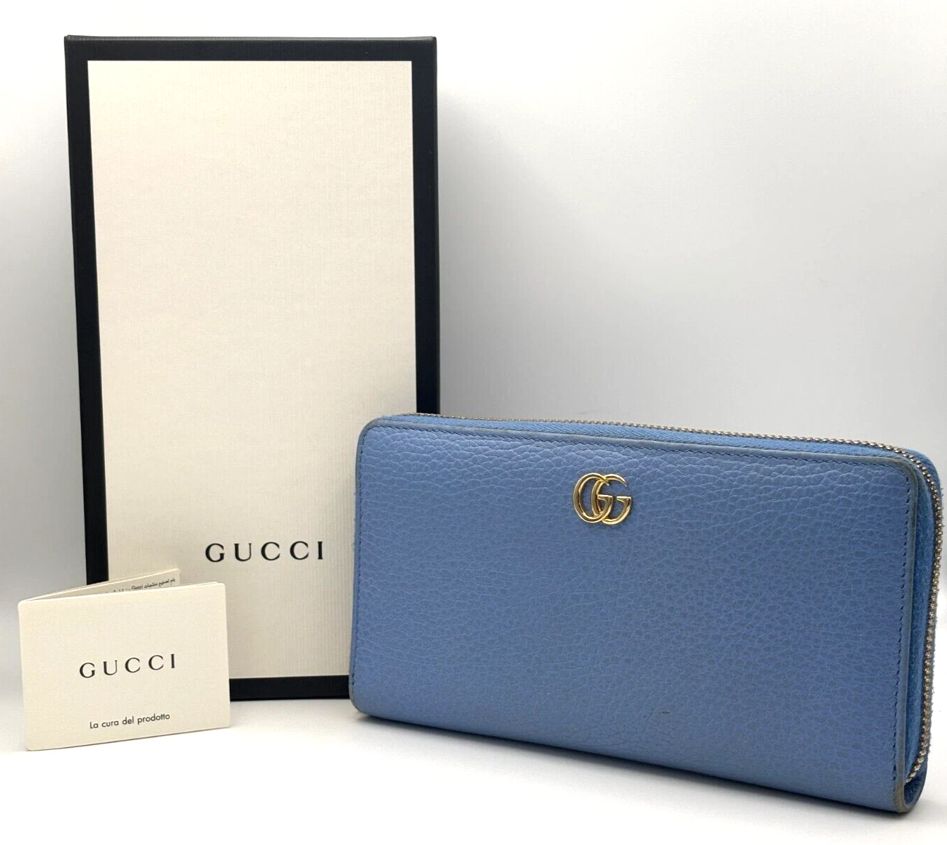 Portefeuille long zippé rond GUCCI GG Marmont Petit Marmont cuir bleu du Japon