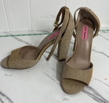 BETSEY JOHNSON Gold Sparkle JESS Ankle Strap Open Toe Heels Size 10 City Glam