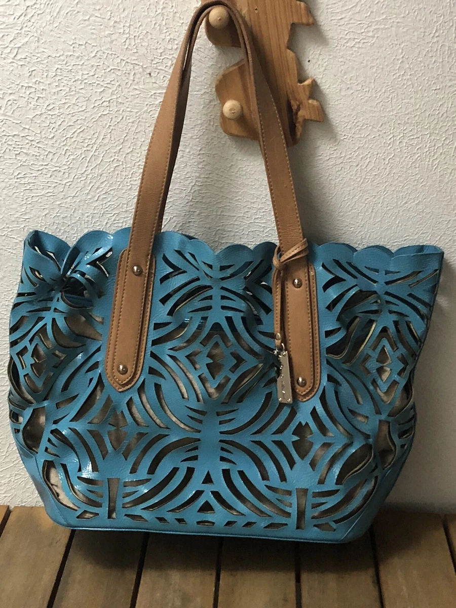 ANTONIO MELANI Tooled Patent Tote Turquoise Brown Faux Leather Handbag NWOT