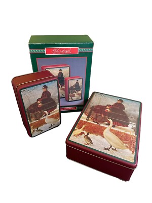 Vintage Winter Scene Tins Christmas Around the World Round Original Box Set 2